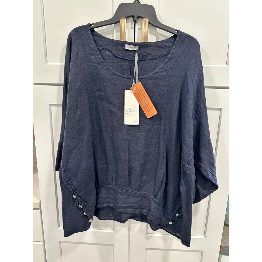 Suzy D London Sadie 6599 Linen Top Navy Blu Marine Italian Made Oversized Large